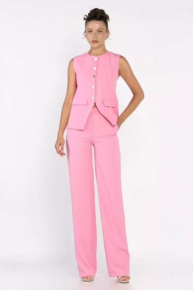 Pembe Kadın Astarlı Yelek Slim Fit Pantolon İkili Takım - 2