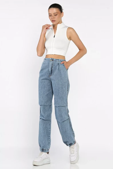 Açıkmavi Kadın Bel Ve Paça Lastikli Yüksek Bel Jean Kot Pantolon - 2