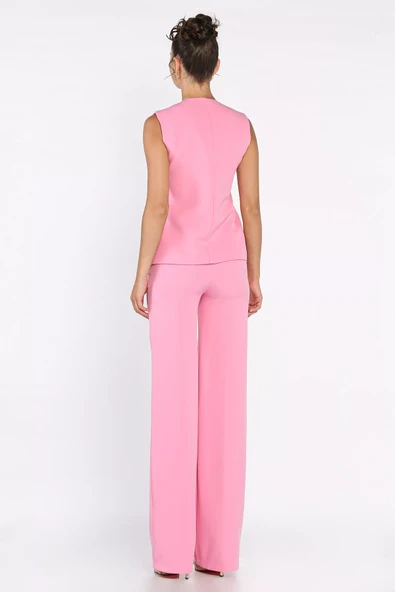 Pembe Kadın Astarlı Yelek Slim Fit Pantolon İkili Takım - 3