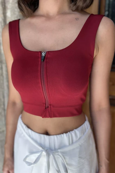 Bordo Kadın Ön Fermuarlı Pedli Likralı Büstiyer - 4