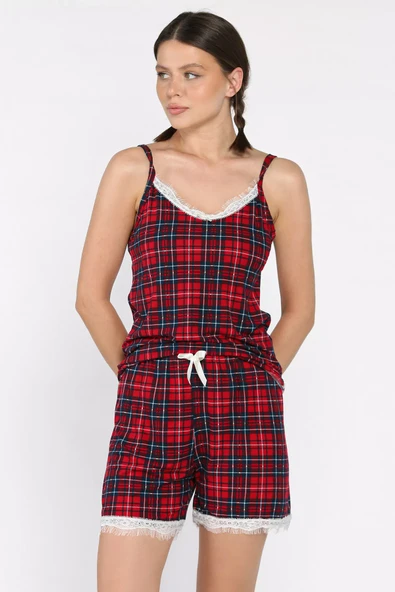 Bordo Kadın Ekose Desenli İp Askılı Şortlu Pijama Takımı - 2