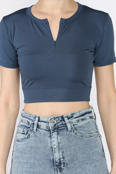 Petrol Kadın Ön Fermuarlı Modal Kumaş Crop Top Bluz - 4