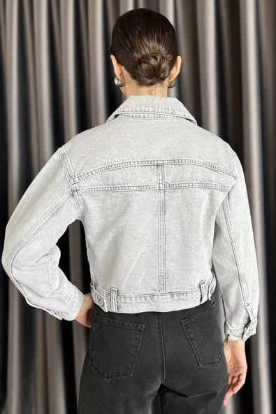 Açıkgri Slim Fit Kadın Jean Kot Ceket - 4