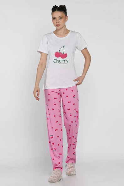 Pembebeyaz Kadın Kiraz Baskılı Yarım Kol Pijama Takımı - 2
