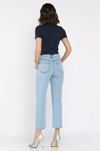 Açıkmavi Kadın Yüksek Bel Taş İşlemeli Jean Kot Pantolon - 3