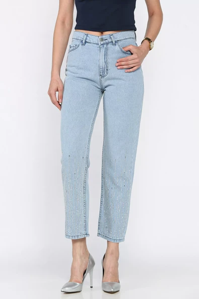 Açıkmavi Kadın Yüksek Bel Taş İşlemeli Jean Kot Pantolon - 4