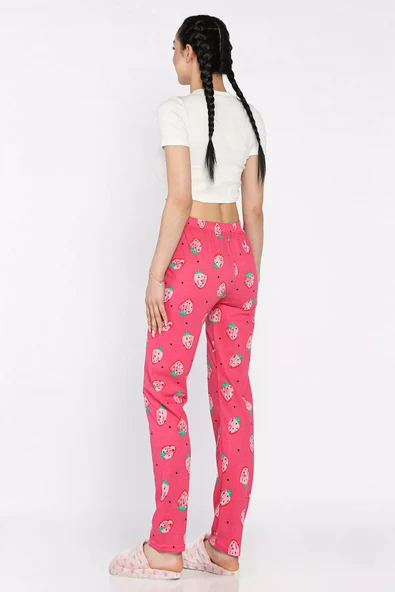 Fuşya Kadın Çilek Baskılı Bel Lastikli Pijama Altı - 3