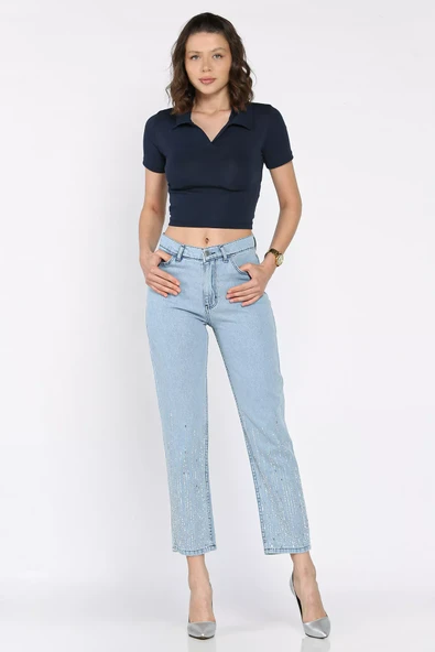 Açıkmavi Kadın Yüksek Bel Taş İşlemeli Jean Kot Pantolon - 1