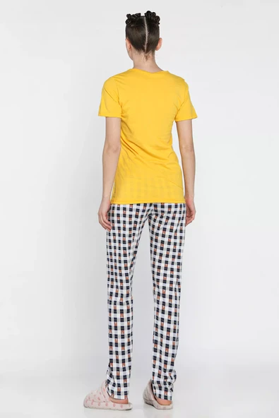 Sarı Kadın Ekose Desenli Baskılı Kısa Kol Pijama Takımı - 3