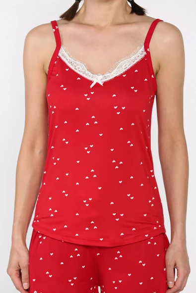 Kırmızı Kadın İp Askılı Şortlu Baskılı Pijama Takımı - 4