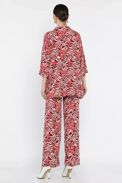 Bordo Kadın Desenli Kimono Pantolon İkili Takım - 3