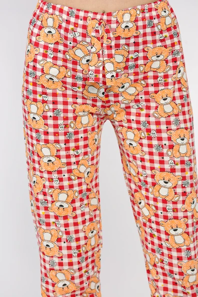 Kremkırmızı Kadın Bel Lastikli Ayıcık Baskılı Pijama Altı - 4