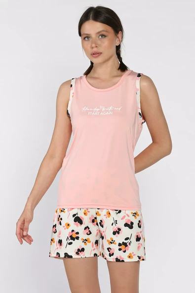 Pudra Kadın Çiçek Baskılı Şortlu Pijama Takımı - 2