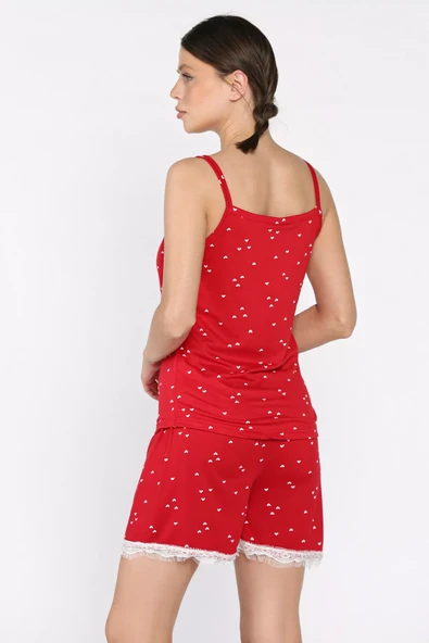 Kırmızı Kadın İp Askılı Şortlu Baskılı Pijama Takımı - 3