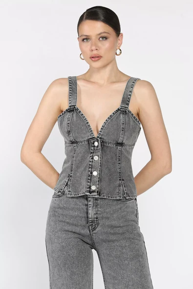 Antrasit Arkası Korseli Jean Kot Büstiyer - 1