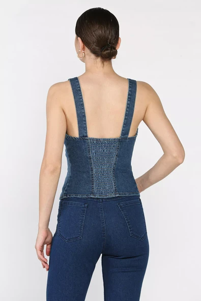 Lacivert Arkası Korseli Jean Kot Büstiyer - 3