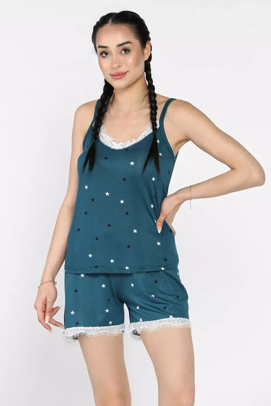Petrol Kadın İp Askılı Baskılı Şortlu Pijama Takımı - 1