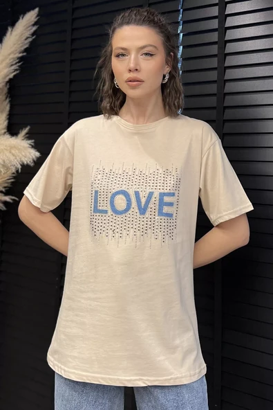 Bej Love Taşlı Bisiklet Yaka Kadın Tişört - 2