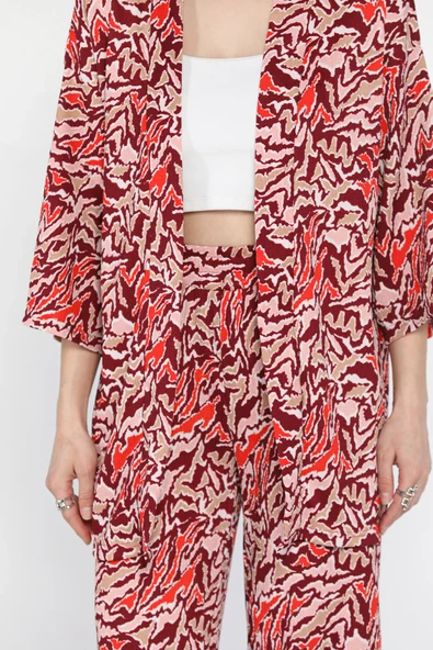 Bordo Kadın Desenli Kimono Pantolon İkili Takım - 4