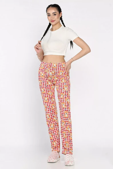 Kremkırmızı Kadın Bel Lastikli Ayıcık Baskılı Pijama Altı - 1