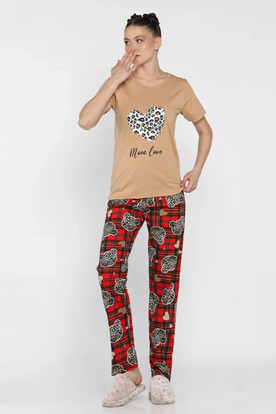 Bej Kadın Ekose Desenli Yarım Kol Baskılı Pijama Takımı - 2