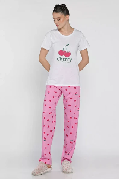 Pembebeyaz Kadın Kiraz Baskılı Yarım Kol Pijama Takımı - 1