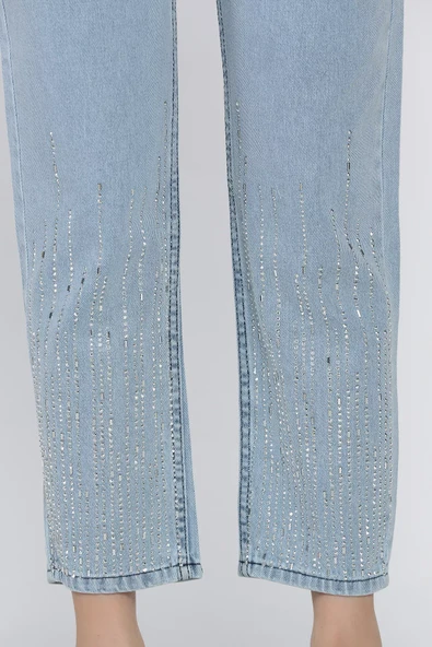 Açıkmavi Kadın Yüksek Bel Taş İşlemeli Jean Kot Pantolon - 5