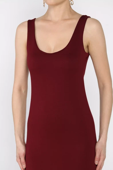 Bordo Kadın Kalın Askılı Modal Kumaş Likralı Elbise - 4
