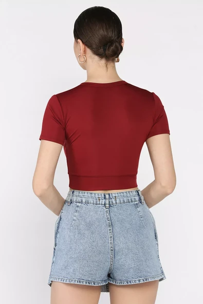 Bordo Kadın Ön Fermuarlı Modal Kumaş Crop Top Bluz - 3