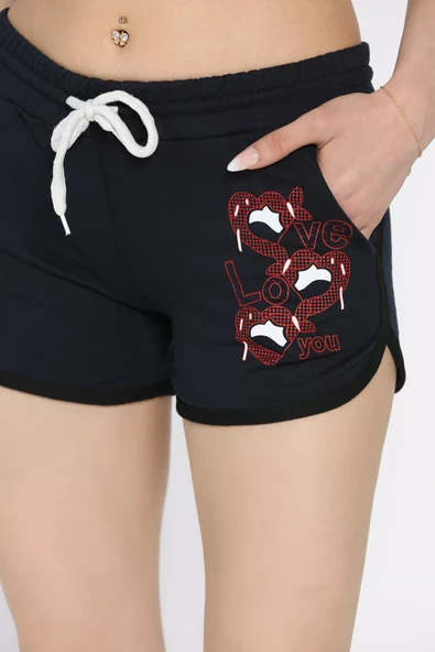 Lacivert Baskılı Kadın Mini Şort - 4