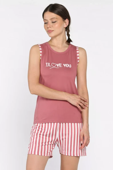 Mürdüm Kadın Kalın Askılı Çizgi Desenli Şortlu Pijama Takımı - 1