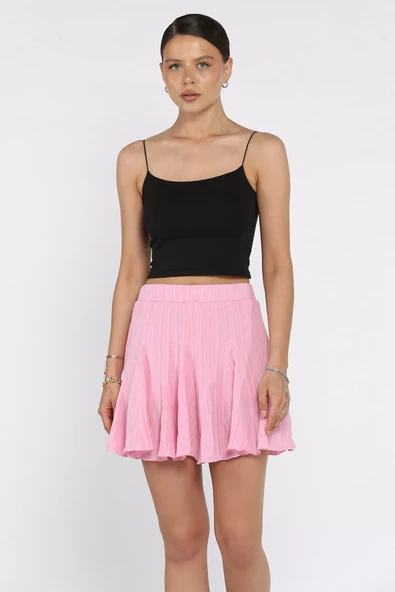 Pembe Bel Lastikli Şort Etek - 1