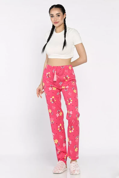 Fuşya Kadın Çiçek Baskılı Bel Lastikli Pijama Altı - 1