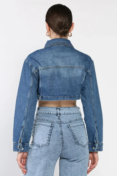 Lacivert Kadın Crop Top Jean Kot Ceket - 2