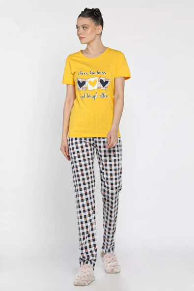 Sarı Kadın Ekose Desenli Baskılı Kısa Kol Pijama Takımı - 2
