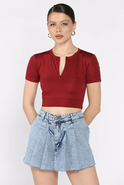 Bordo Kadın Ön Fermuarlı Modal Kumaş Crop Top Bluz - 2