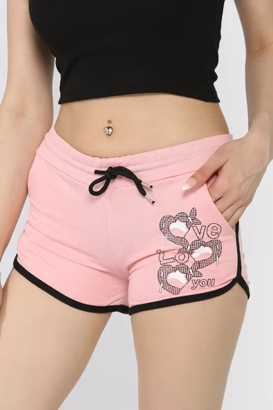 Pembe Baskılı Kadın Mini Şort - 3