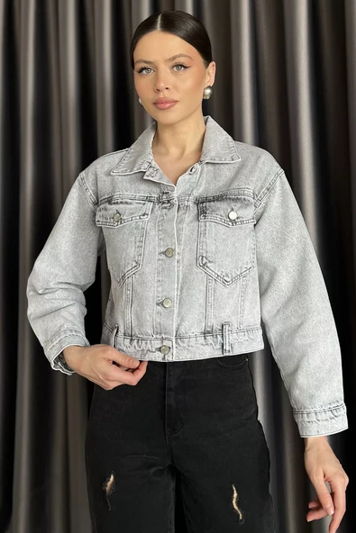 Açıkgri Slim Fit Kadın Jean Kot Ceket - 2