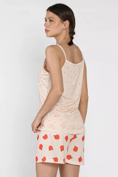 Bej Kadın Baskılı Şortlu Pijama Takımı - 3