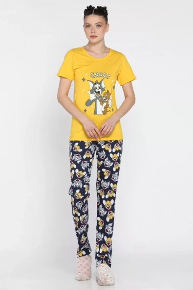 Sarı Kadın Baskılı Yarım Kol Pijama Takımı - 1