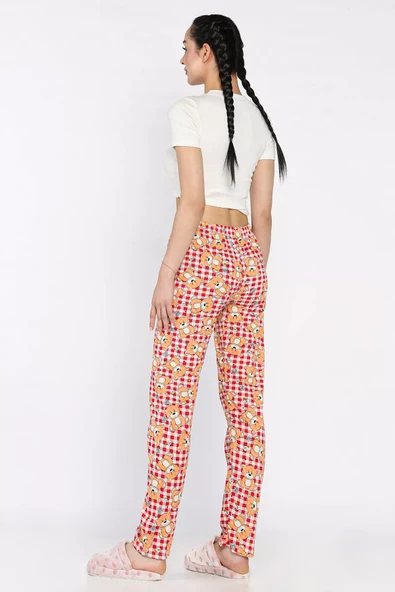 Kremkırmızı Kadın Bel Lastikli Ayıcık Baskılı Pijama Altı - 3