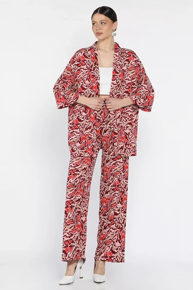 Bordo Kadın Desenli Kimono Pantolon İkili Takım - 1