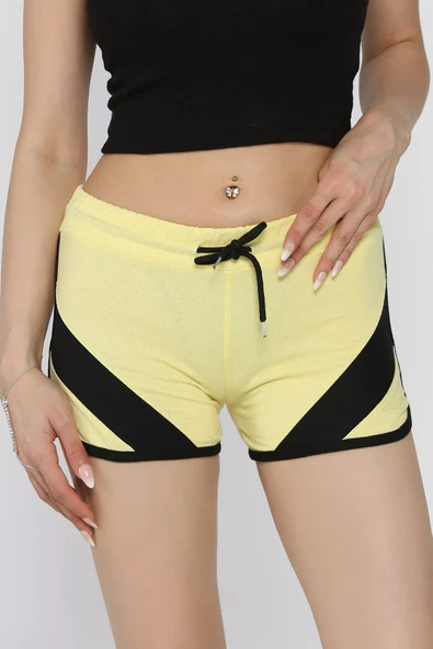 Açık Sarı Biyeli Kadın Baskılı Mini Şort - 1