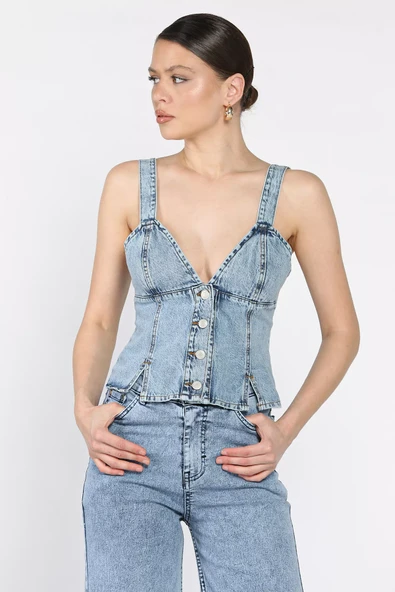 Buzmavisi Arkası Korseli Jean Kot Büstiyer - 1