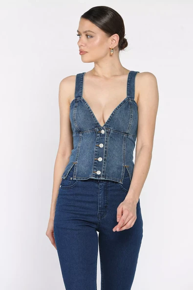Lacivert Arkası Korseli Jean Kot Büstiyer - 2