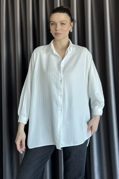 Krem Kadın Çizgi Desenli Uzun Kol Oversize Gömlek - 1