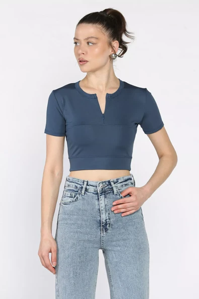 Petrol Kadın Ön Fermuarlı Modal Kumaş Crop Top Bluz - 1