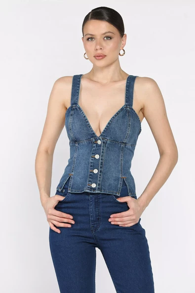 Lacivert Arkası Korseli Jean Kot Büstiyer - 1