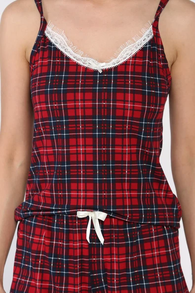 Bordo Kadın Ekose Desenli İp Askılı Şortlu Pijama Takımı - 4