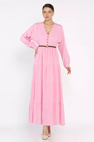 Pembe V Yaka Bel Lastikli Kemerli Kadın Elbise - 2